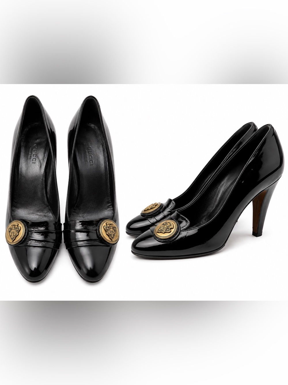 Gucci Black Patent Leather Pumps with Gold Medallion